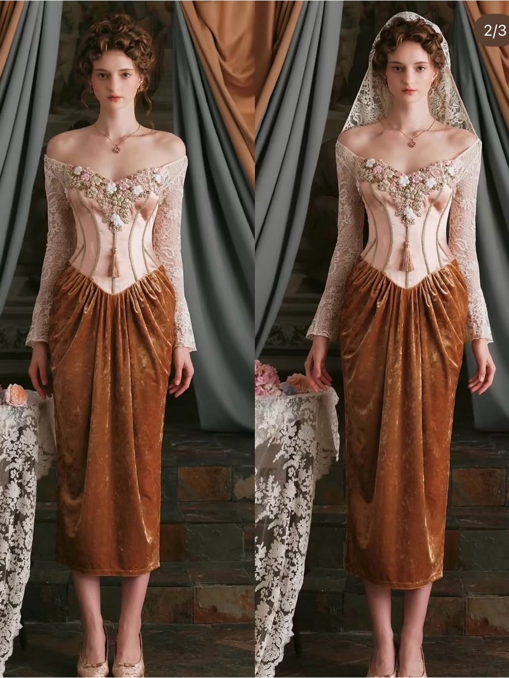 Embroidered Pink Satin & Brown Velvet Slip Dress with Lace Accents - Picture 8 of 8